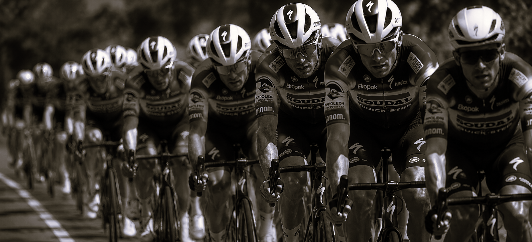 Dynamischer Radrenn-Peloton im Sonnenlicht