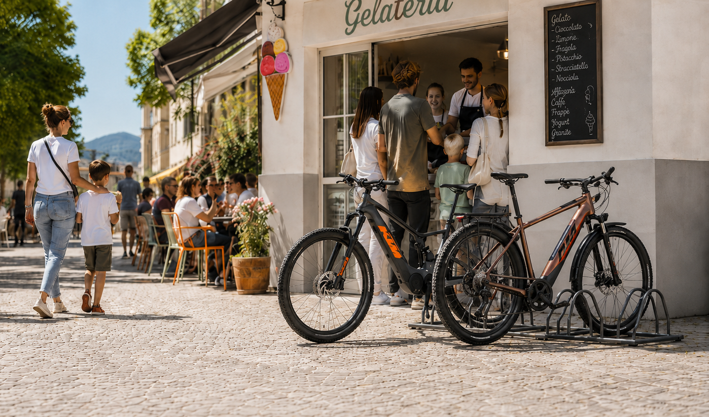 KTM Fahrräder im Alltag vor einer Eisdiele